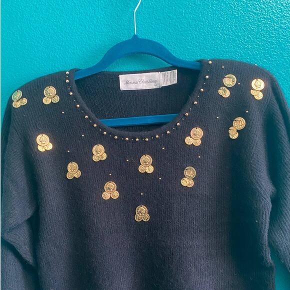 Marisa Christina Lambswool Angora Black Gold Medallion Sweater Size S-M - Picture 3 of 10